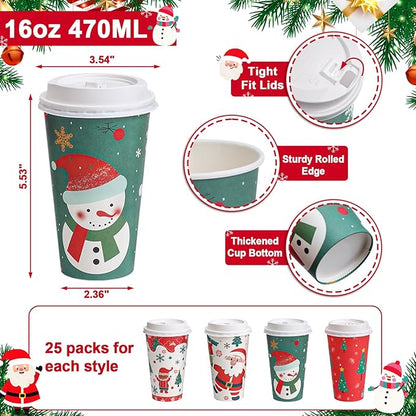 SIUQ 100 Pack 16 oz Christmas Disposable Coffee Cups with Lids, Thickened Christmas Paper Cups for Hot/Cold Beverage, Tea, Coffee, Hot Chocolate, Xmas Party Cups Ideal for Home, Cafes, Store, Holiday