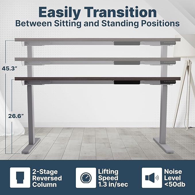 Ansel Dual Electric Motor Desk Frame, 2-Stage Reverse Column Height Adjustable, Home Office Computer Workstation Sit Standing, Memory Keypad, 300lbs Capacity, for tops up to 24"x70", Silver-Frame Only