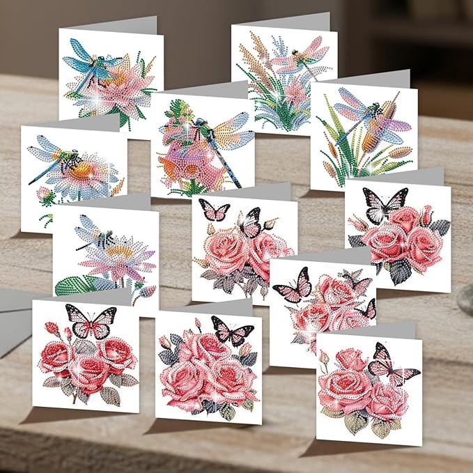 jinglinhh 12pcs Diamond Art Painting Butterfly Flower Dragonfly Daisy Rose Lotus Greeting Cards with Envelopes, DIY Card Making Kits for Adults, Diamond Art Birthday Cards Craft Gifts