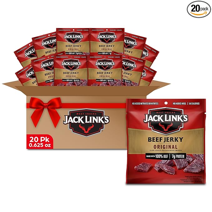 Jack Link's Beef Jerky, Original, Multipack Bags - Flavorful Meat and Protein Snacks for Lunches, Great Stocking Stuffers, Individual Packs - 7g of Protein, Made with 100% Beef - 0.625 oz (Pack of 20)