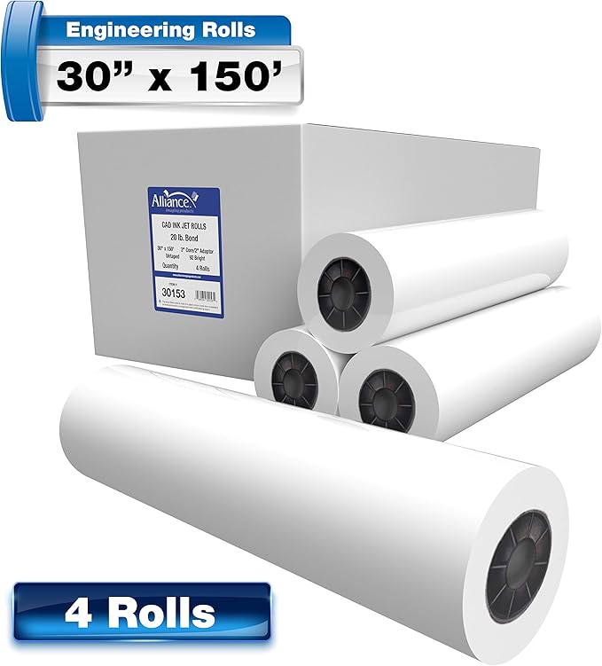 Alliance Wide Format Paper CAD Bond Rolls (20lb | 4 Rolls, 36 In x 150 Ft | 3" Core)