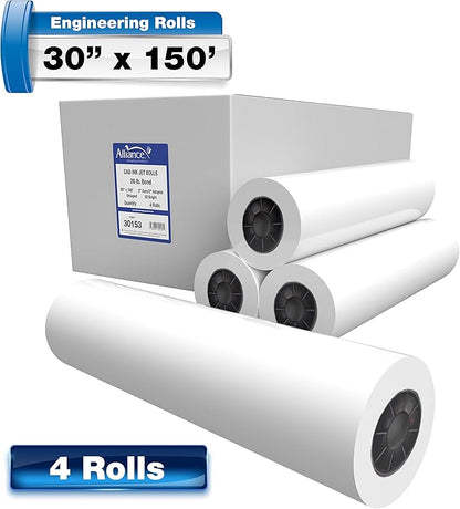 Alliance Wide Format Paper CAD Bond Rolls (20lb | 4 Rolls, 36 In x 150 Ft | 3" Core)