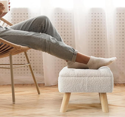 Storage Ottoman, Small Foot Stool Ottoman with Storage, Boucle Teddy Velvet Foot Rest with Padded Seat, Sturdy Wood Legs Stool for Living Room, Bedroom, Couch, Enterway (Cream)