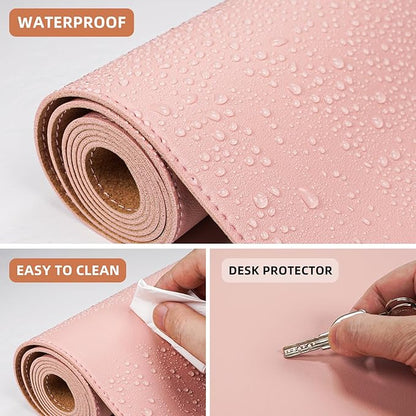 Large Desk Mat -47.2" x 17.5" Leather Desk Pad Protector with Natural Cork & PU Leather, Non-Slip Office Desk Mat, Double-Sided Mouse Pad, Waterproof Large Desk Pad for Office&Home(Pink)