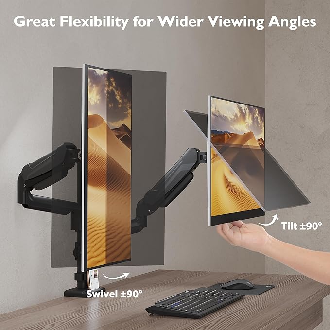 BONTEC Dual Monitor Stand for 13-34 Inch Screens, Gas Spring Adjustable Monitor Arm, Full Motion VESA 75x75/100x100mm Desk Mount with Tilt, Swivel, Rotation, Ergonomic Design for Home Office or Gaming