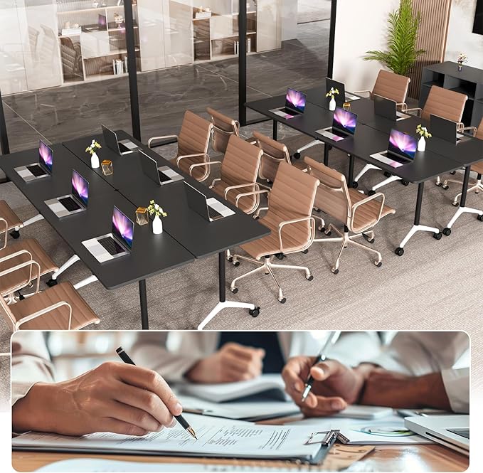 Folding Conference Table, Conference Room Tables Foldable Large Meeting Seminar Table on Wheels,Flip Top Boardroom Training Tables for Office, Classroom,Meeting (12, Black, 47.2in)