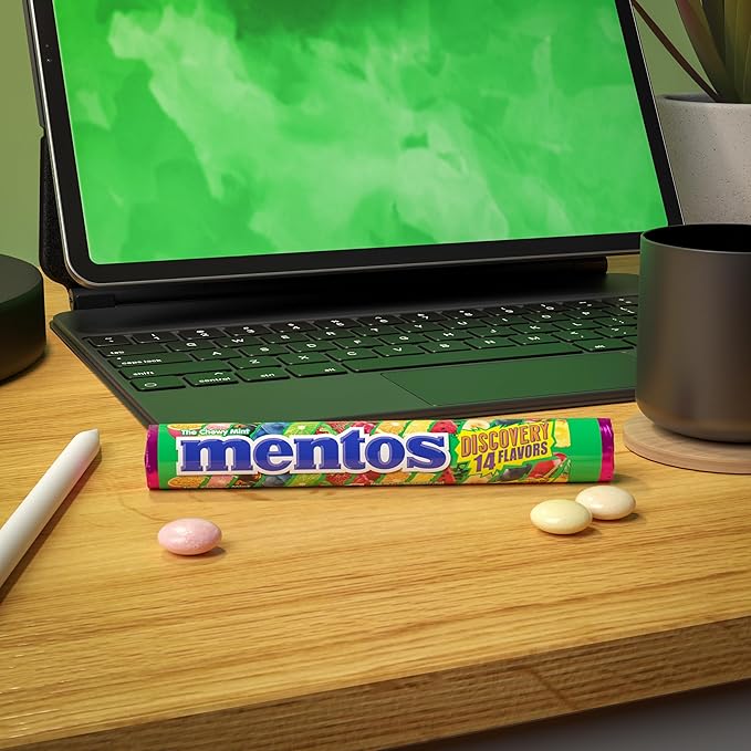 Mentos Chewy Mint Candy Roll, Holiday Candy for Christmas Stocking Stuffers for Adults & Kids Discovery, 14 Assorted Fruit Flavors, 14 Pieces Per Roll, 15 Count Showbox