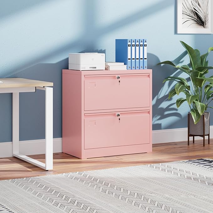 SUXXAN Metal 2 Drawer Lateral File Cabinet with 2 Lock - Wide Filing Cabinet for Letter/Legal/F4/A4 Hanging Files - Includes Business Card Holder,Home Office School Storage,Pink