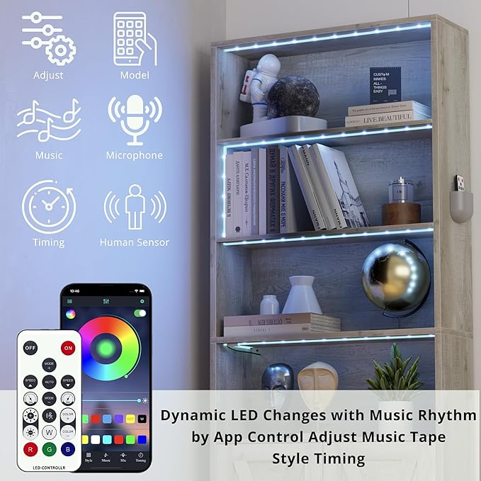 IRONCK Tall Bookcase with LED Lights, 70 in Industrial Bookshelves and Bookcases with Doors, 6 Shelf Display Storage Shelves Floor Standing for Home Office, Living Room, Bedroom