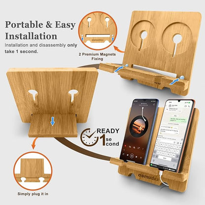 Bamboo Dual Cell Phone Holder for iPhone/iPad, Wood Wireless Charging Station Tablet Holder Nightstand, Double Phone Holder Desktop Stand for iPhone 17/16/15/14/13/12/11 Series and Android
