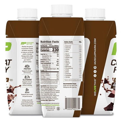 MusclePharm Combat Ready High Protein Shakes Ready to Drink, 40g Protein, 8g BCAAs, 8.7g Glutamine, 5g Fiber, No Added Sugar, Gluten Free, Chocolate Fudge, 17 Fl Oz (Pack of 12)