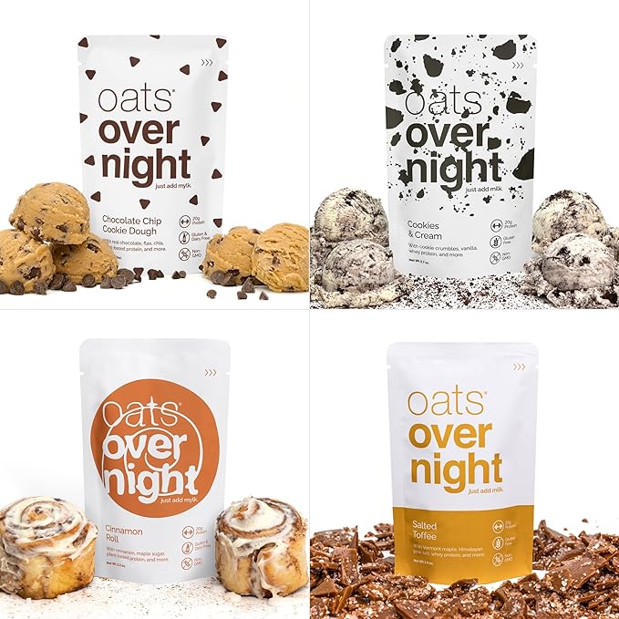 Oats Overnight Dessert Variety Pack - High Protein, High Fiber Breakfast Protein Shake - Gluten Free Oatmeal, Non GMO High Protein Oatmeal - Salted Toffee, Chocolate Satin Pie & More Flavors (16 Pack)