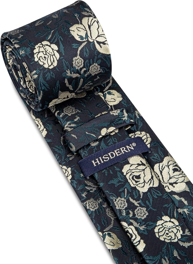 HISDERN Men Floral Ties Woven Classic 3.4" Necktie Set Formal Tie Pocket Square for Wedding with Handkerchief Gift Box