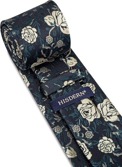 HISDERN Men Floral Ties Woven Classic 3.4" Necktie Set Formal Tie Pocket Square for Wedding with Handkerchief Gift Box