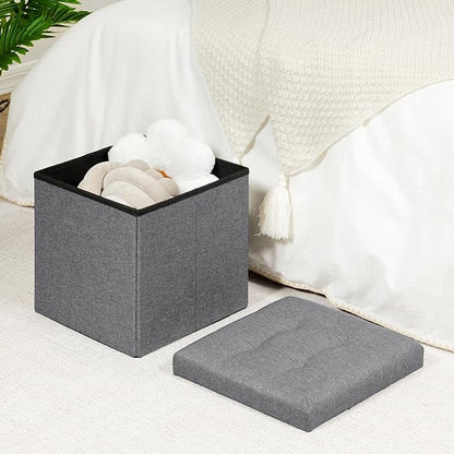 B FSOBEIIALEO Storage Ottoman Cube, Storage Chest Folding Foot Rest Seat, Linen Grey 12.6"X12.6"X12.6" (2 Pack)