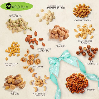 NUT CRAVINGS Gourmet Collection - Thank You Appreciation, Nuts Gift Basket with TY Ribbon + Greeting Card in Reusable Wooden Tray (12 Assortments) Food Arrangement, Healthy Snack Care Package