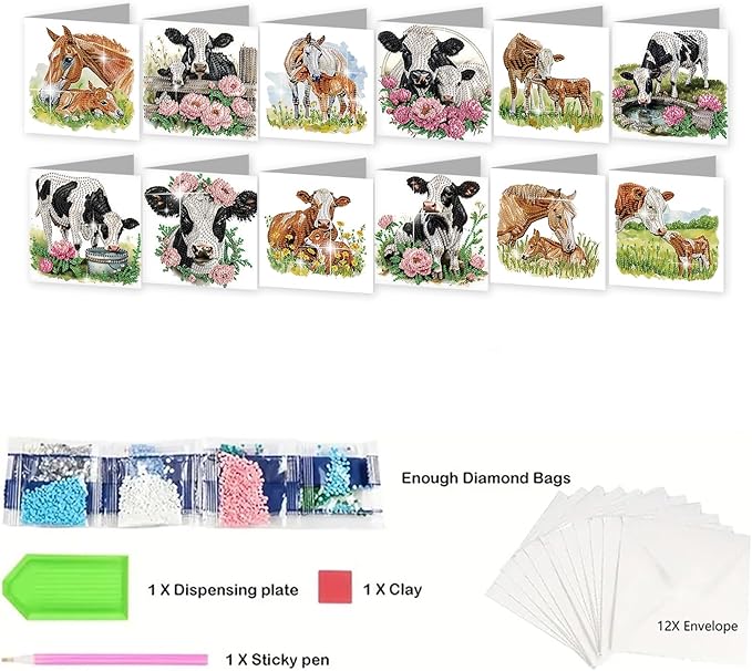 jinglinhh 12pcs Diamond Art Painting Flower Fence Cows Horses Greeting Cards with Envelopes, DIY Card Making Kits for Adults, Diamond Art Christmas Cards for Birthday Holiday Postcards Craft Gifts