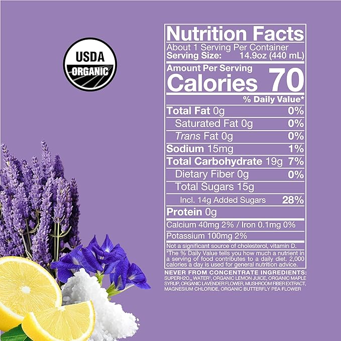 Organic SuperAde Hydration Drink, Digestive Health + Balanced Mood, SuperFood Lemonade by Sol-ti, Cold-Pressed Lavender, Magnesium, & Lemon Juice Blend,16 Pack (14.9 Fl oz)