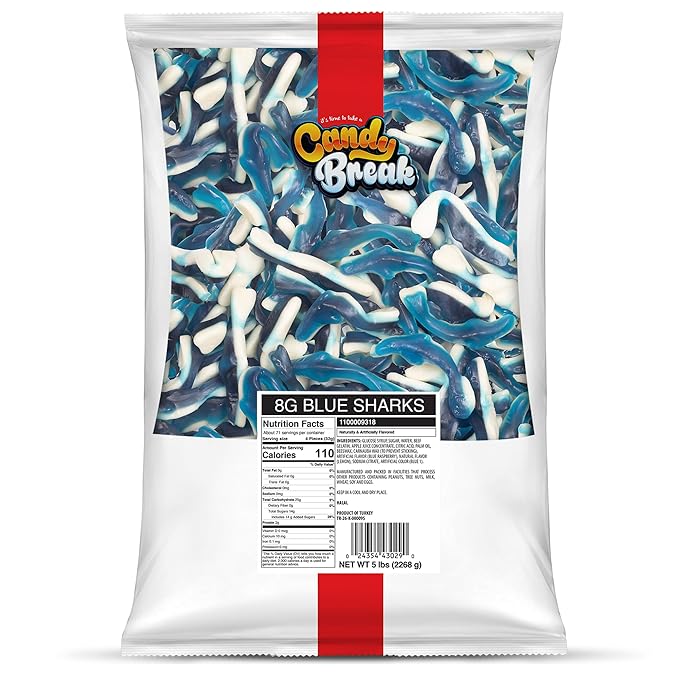 Candy Break Fruity & Sweet Blue Sharks 5 lbs Share Size Bag - Chewy Gummy Bulk Candy Pack - Snacks for Kids & Grown Ups Share Size Bag