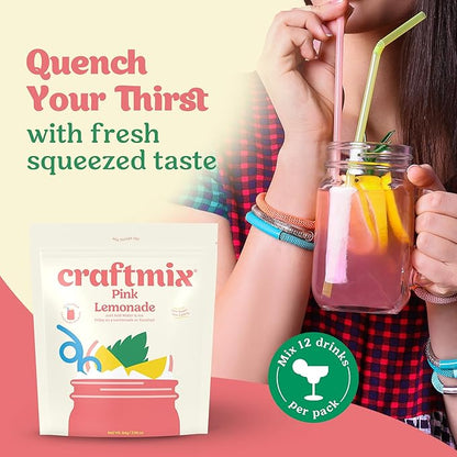 Craftmix Pink Lemonade Mix, 12 Packets, Easy Powder Drink with Real Fruit, Low-Sugar, Vegan, Low-Carb, Non-GMO, Dairy-Free, Gluten-Free, Flavored Water Enhancer, On-the-Go Water Flavoring Packets