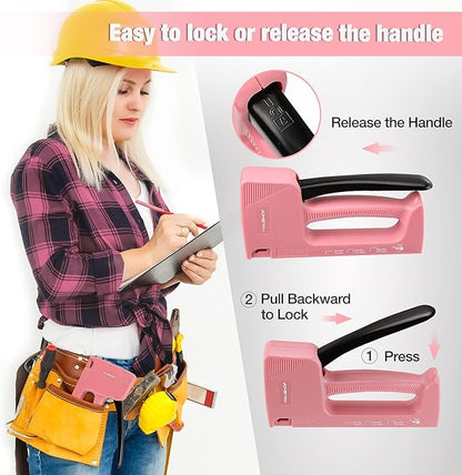 HAUSHOF Light Duty Staple Gun, Upholstery Staple Gun with 800PCS JT21 Staples and Stapler Remover, Fits JT21 Staple of 1/4'', 5/16'' & 3/8'', Used for Wood, Classroom, Crafts, DIY, Decoration (Pink)
