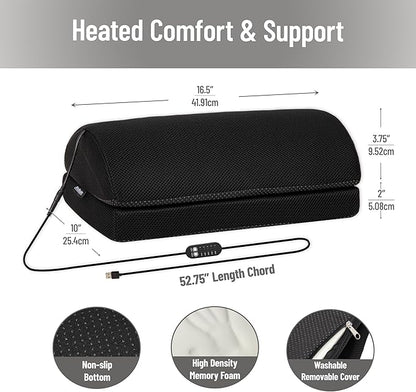 Mind Reader Heated Memory Foam Footrest, Under Desk Ergonomic Support with 4 Heat Settings, Timer & Auto Shut-Off, Adjustable Height, Black