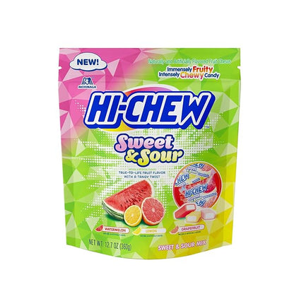 HI-CHEW Sweet and Sour Mix Bulk, Watermelon Lemon Grapefruit, 220+ Pieces, 4 Stand Up Pouches, 12.7oz each - Unique Fun Soft & Chewy Candy - Juicy Fruity Flavors - Individually Wrapped Candy