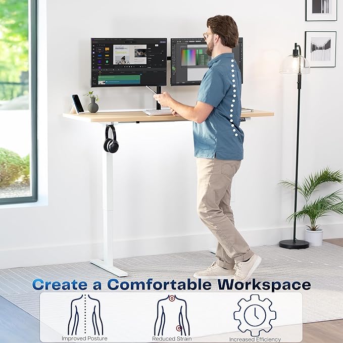 VIVO Electric 60 x 24 in Standing Desk, Memory Height Adjustment, 1B Series, One-Piece Light Wood Top, White Frame, DESK-KIT-1W6C
