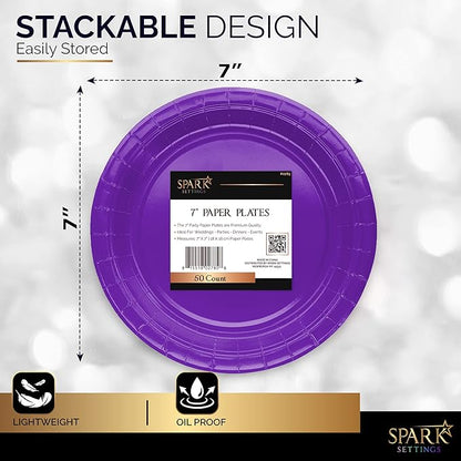 Disposable Paper Plates Purple, 6 3/4 Inches Paper Dessert Plates, Strong and Sturdy Disposable Plates for Party, Dinner, Holiday, Picnic, or Travel Party Plates, Pack of 50