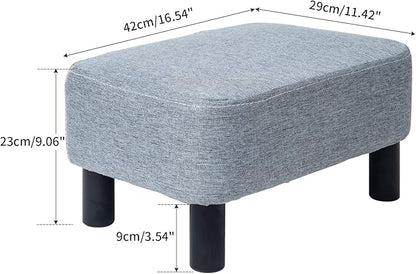 IBUYKE 16.54" Small Footstool Linen Fabric Pouf Ottoman Footrest Modern Home Bedroom Rectangular Stool, with Padded Seat Pine Wood Legs, Gray Blue RF-BD214-D