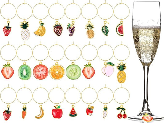 Junkin 24 Pcs Wine Glass Charms Markers Tags for Stem Glasses Drink Markers Wine Charm Ring Identifier for Wedding Bachelorette Tasting Holiday Party Favor Decoration (Fruit Style)