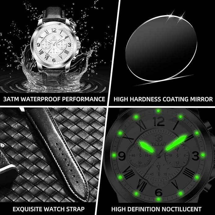 Mens Watches Luxury Dress Waterproof Leather Watch with Date Day Analog Quartz Large Number Wrist Watch Casual Classic Luminous Scales Big Face Easy Read Reloj para Hombre