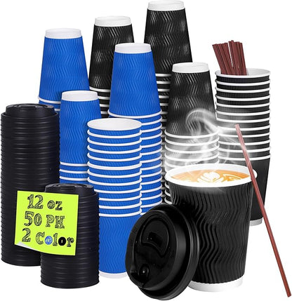 2-Color Assortment Coffee Cups (Blue, Black) - 50-Pack of 12 oz Disposable Paper Cups with Lids, Stirring Straws, Insulated Corrugated Wall for Hot & Cold Drinks