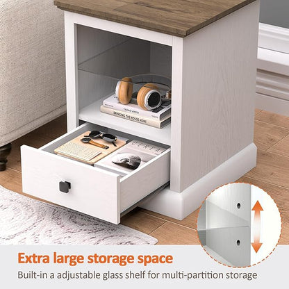 Rresyet LED End Table with Charging Station, White Nightstand with Drawer and Storage, Adjustable Shelf, Wooden Bedside Table for Bedroom & Living Room