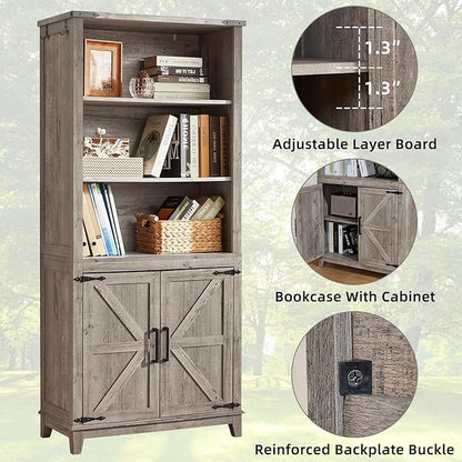 70in Tall Bookshelf 5 Tier Bookcase with Barn Doors and Adjustable Shelves, Grey Farmhouse Book Shelf with Storage Cabinet, Wood Freestanding Display Bookshelves for Bedroom, Kitchen (2 PCS)