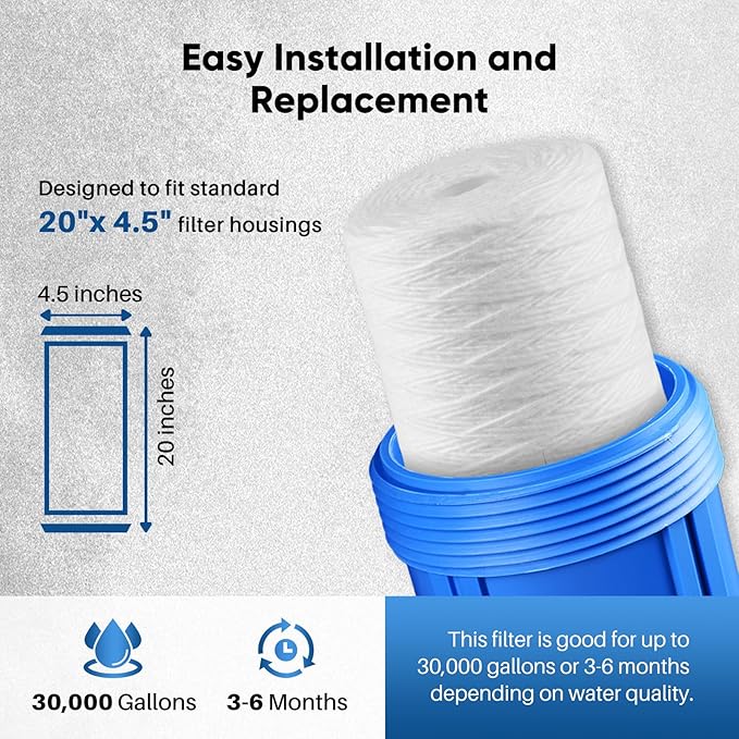 PUREPLUS 5 Micron 4.5" x 20" Whole House String Wound Sediment Filter for Well Water, Replacement Cartridge for Pentair Pentek WP5BB20P/WP25BB20P, Hydronix SWC-45-2005, SpiroPure SP-WP5-20BB, 2Pack