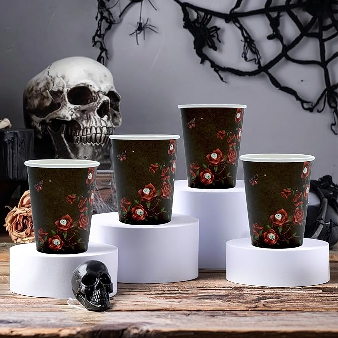 Cheerland Halloween Disposable Paper Cups Red Rose Eyeball Skull Skeleton Disposable Tableware for Halloween Gothic Spooky Birthday Celebration Emo Party Supplies 50pcs