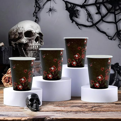 Cheerland Halloween Disposable Paper Cups Red Rose Eyeball Skull Skeleton Disposable Tableware for Halloween Gothic Spooky Birthday Celebration Emo Party Supplies 50pcs