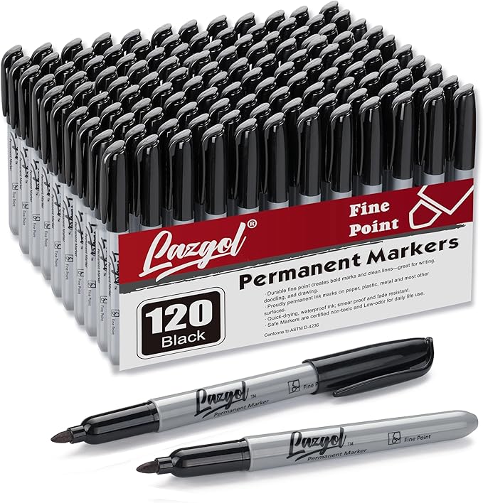 Permanent Markers Bulk, 120 Pack Fine Tip Black Permanent Markers, Waterproof Markers, Premium Smear Proof Pens, Quick Drying, Office Supplies for School, Office, Home