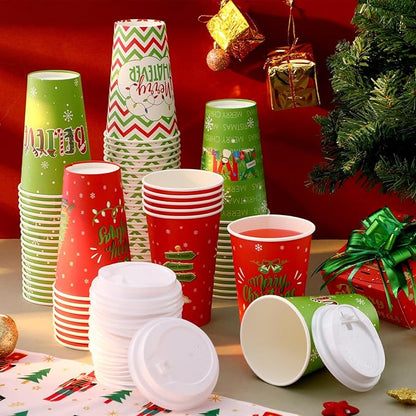 CHENGU 100 Set 16 oz Christmas Disposable Coffee Cups with Lids Lime Green Christmas Paper Cups for Hot Cocoa Chocolate Tea Green Elf Holiday Xmas Dinner Party Supplies