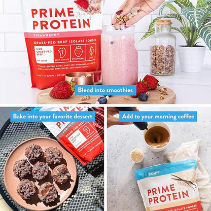 Equip Foods Prime Protein Powder | Clean, Grass Fed Beef Protein Powder | Carnivore Protein Isolate | Paleo, Keto Friendly | Gluten & Dairy Free | Helps Build & Repair Tissue | 30 Servings, Strawberry