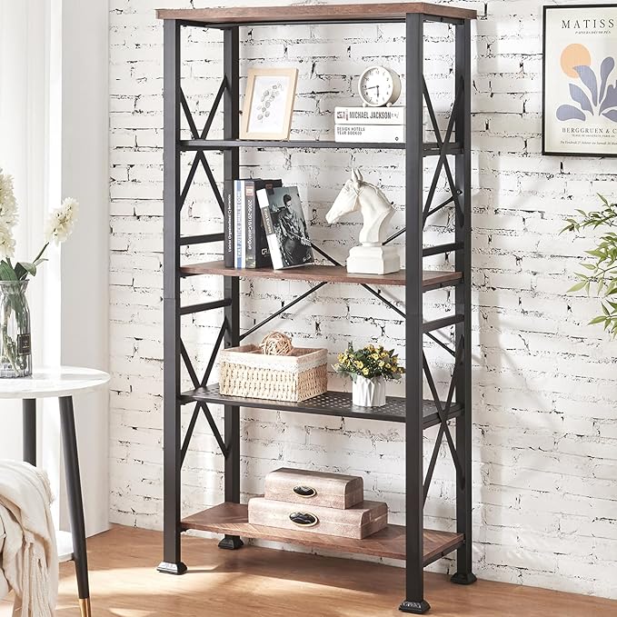 HOMBAZAAR 5 Tier Bookshelf, Tall Book Shelf with Metal Frame and Open Shelves, Rustic Bookshelves and Bookcases, Heavy Duty Bookcase for Living Room, Bedroom and Home Office, Brown
