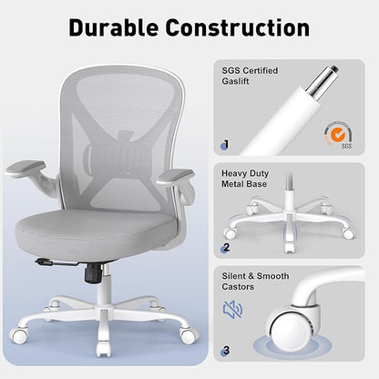 ZZH Ergonomic Office Chair with Adjustable Lumbar Support, Mesh Home Office Desk Chair with Wheels and Flip-up Arms, Grey