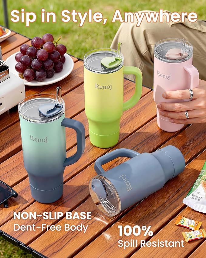 Renoj Tumbler with Handle 100% Spill Resistant Insulated Water Bottle for Iced Coffee & Hot Drinks - Fits Car Cup Holder, Ideal Gift, 2 Straws & Silicone Boot BPA-Free - FlexSlide Green Gradient 40 oz