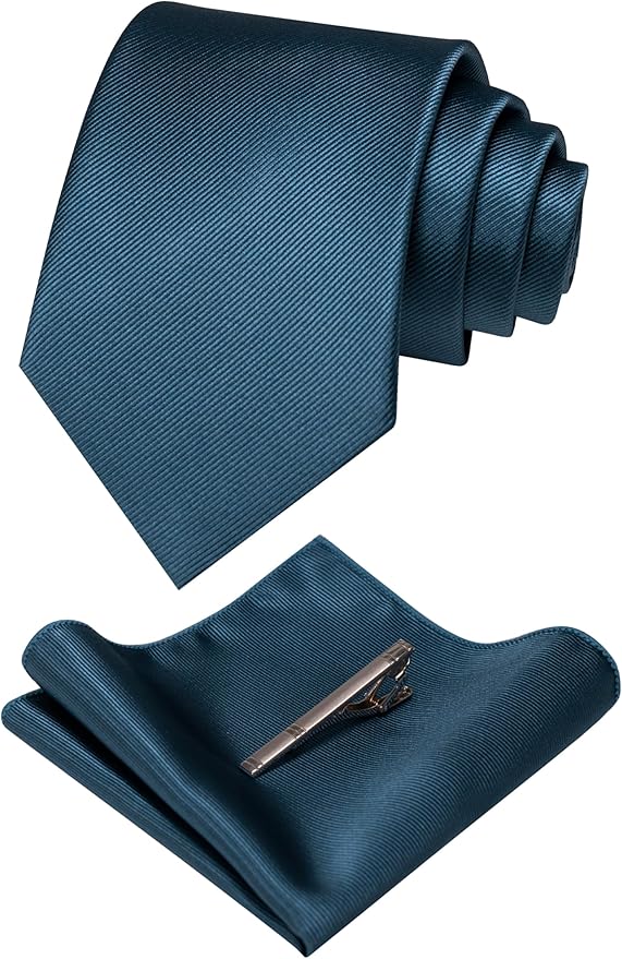JEMYGINS Solid Color Formal Necktie and Pocket Square Tie Clip Sets for Men