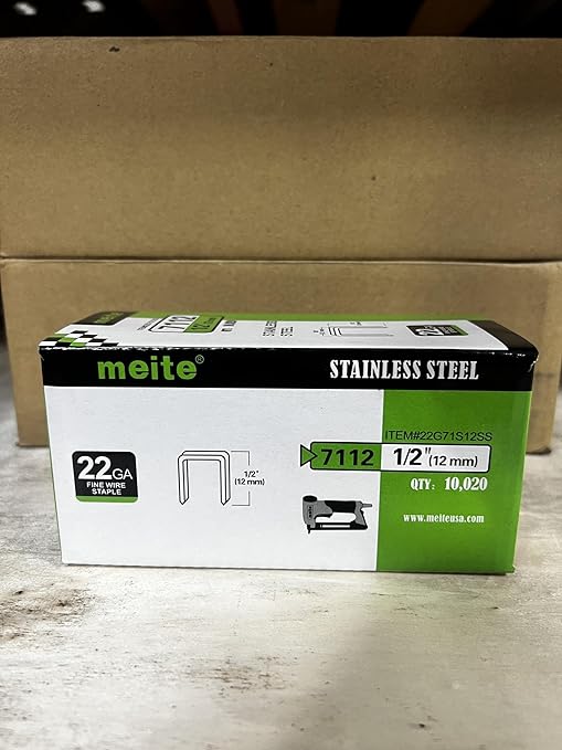 meite 71/12 22 Gauge 304 Stainless Steel Upholstery Staples, 3/8-Inch Crown with 1/2-Inch Leg Length, Heavy Duty Staples for Construction, Furniture, Crafts & DIY Projects (1 Box)