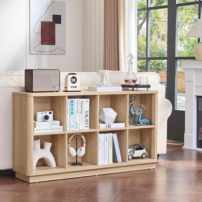 8 Cube Storage Book Shelf, 52" Long Horizontal Bookshelf with Curved Edge, Floor Standing Wooden Cubby Bookcase with Base, Modern Low Console Book Case, TV Stand for Living Room, Natural Oak