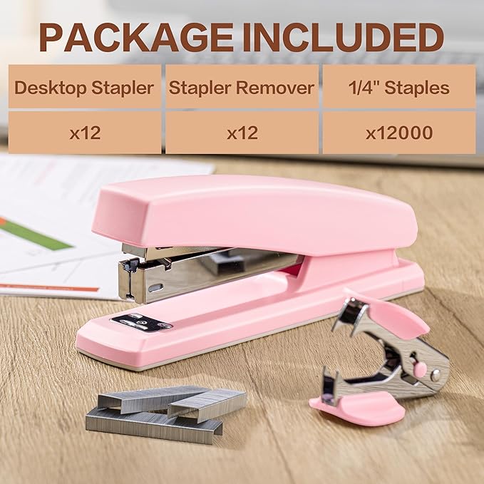 Deli Stapler, 12 Pack Staplers with 12000 Staples and 12 Staple Removers, Staplers for Desk, 25 Sheet Capacity, Pink