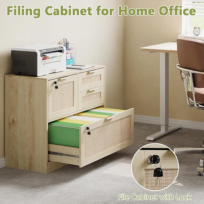 HOPUBUY Lockable 4 Drawers File Cabinet, Lateral Filing Cabinet with Printer Stand for Home Office and School, Wood Rattan File Cabinet for Hanging Files/Letter/Legal/A4/F4 Size, Oak Color (Oak)