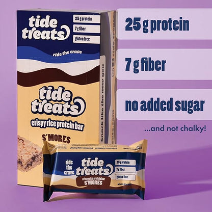 25g Protein Bar Crispy Rice Treat S'mores | Clean Ingredients, No Added Sugar, 7g Fiber, Gluten Free | High Protein Snack for On-the-Go, Post-Workout or Dessert Cravings | 8 Count | Tidetreats